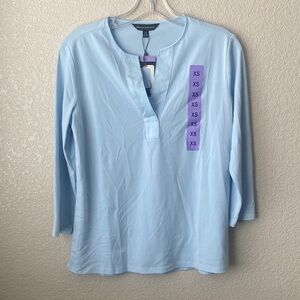 Banana Republic Woman XS Blouse Satin V-Neck Top 3/4 Sleeve Shirt Pullover Blue